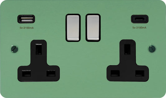 Flat Sage Green 2 Gang Socket with USBC (Satin Chrome Switch/Black Insert)