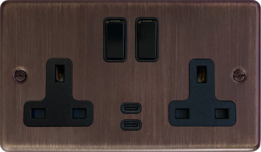 Contour  Antique Copper 2 Gang Socket with USBC