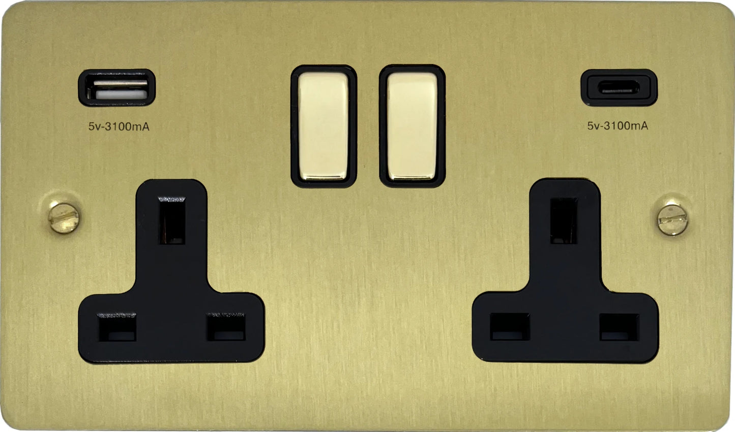 Flat Satin Brass 2 Gang Socket C/W USBC Ports