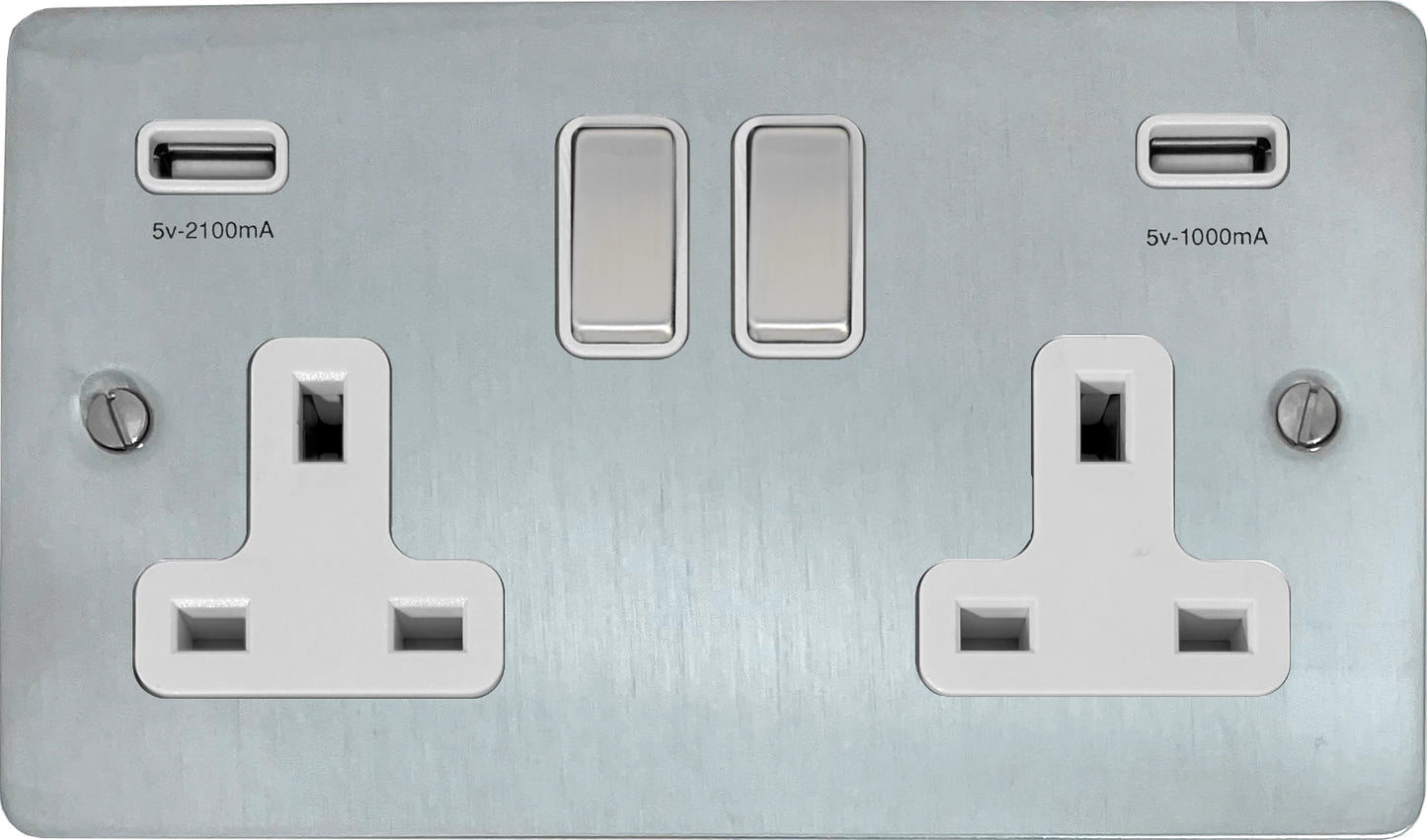 Flat Satin Chrome 2 Gang Socket C/W Usb Ports