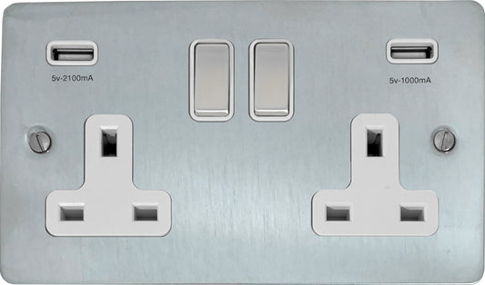 Flat Satin Chrome 2 Gang Socket C/W Usb Ports - Flat range electrical USB socket