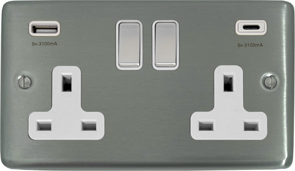 Contour Brushed Steel 2 Gang Socket + USBC