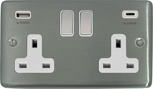 Contour Brushed Steel 2 Gang Socket + USBC