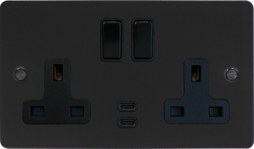 Flat Black 2 Gang Socket with USB C (Black Switches)