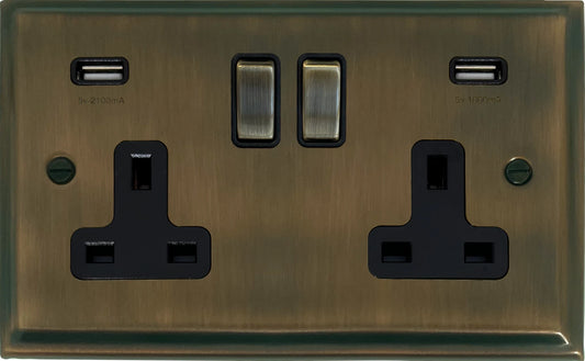 Deco Antique Brass 2 Gang USB Socket (Brass Switch)