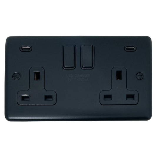 Basics Matt Black 2 Gang Socket with Dual USBC ports 4.8A