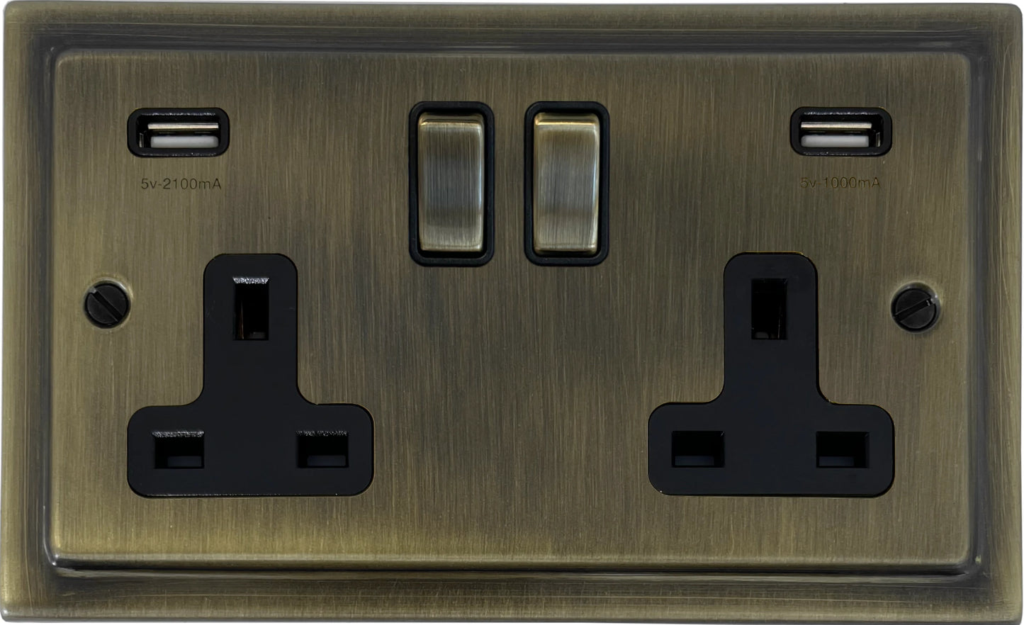 Victorian Antique Brass 2 Gang USB Socket (Brass Switches)