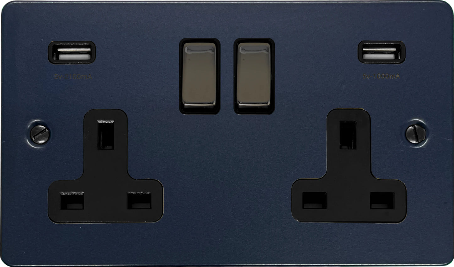 Flat Blue 2 Gang Socket with USB (Black Nickel Switch/Black Insert)