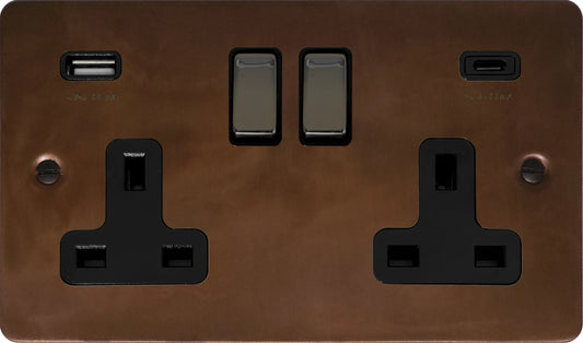Flat Tarnished Copper 2 Gang Socket C/W USBC Ports - Flat range electrical USB-C socket