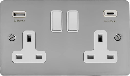 Flat Polished Chrome 2 Gang Socket + USBC