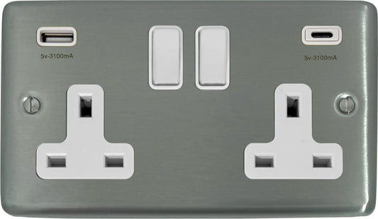 Contour Brushed Steel 2 Gang Socket + USBC