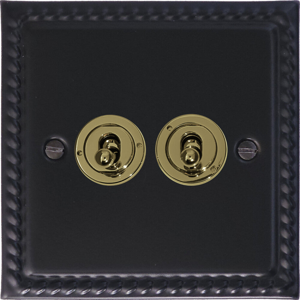 Georgian Flat Black 2 Gang Toggle Switch (Brass Toggles)