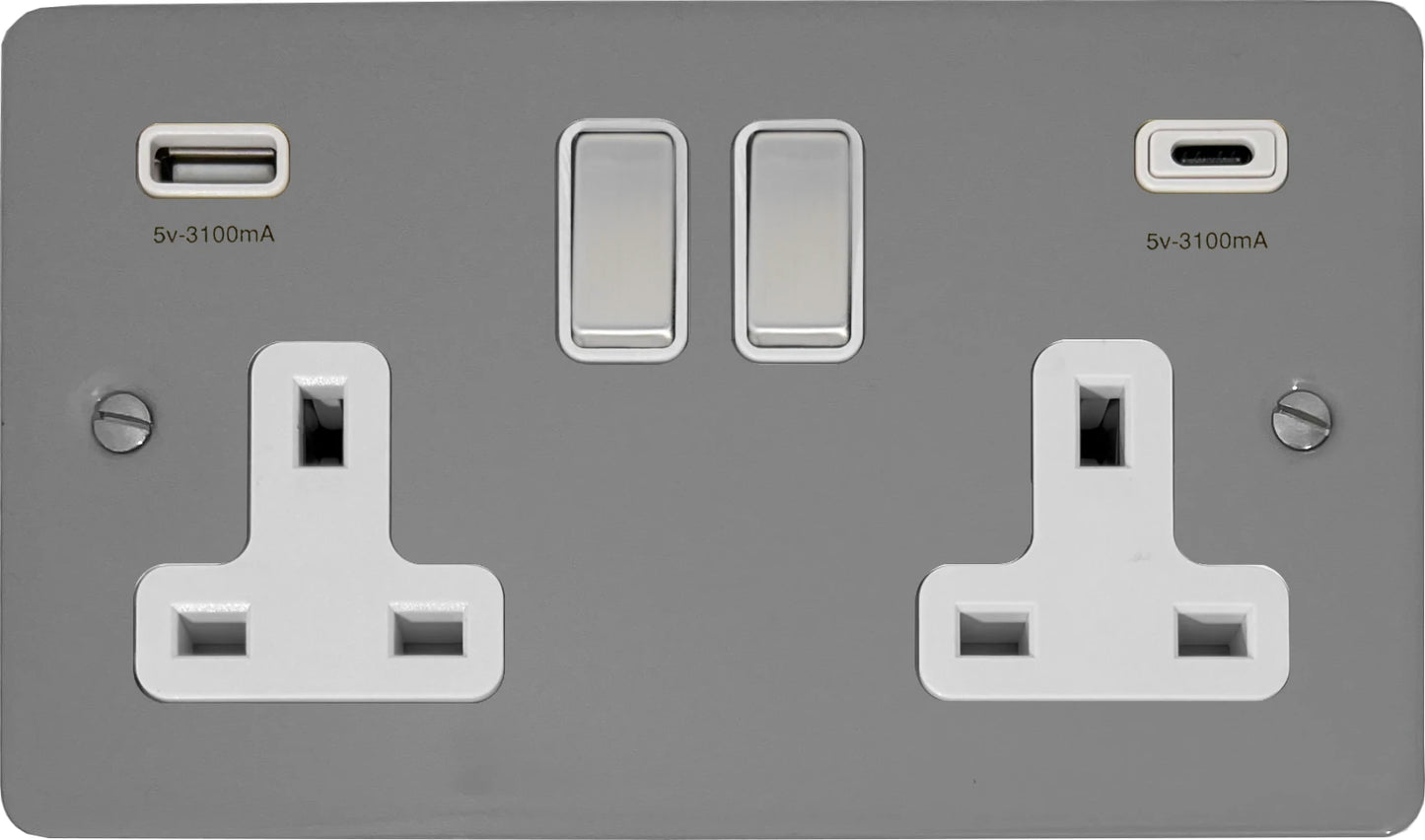 Flat Light Grey 2 Gang Socket C/W USBC Ports