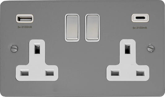 Flat Light Grey 2 Gang Socket C/W USBC Ports