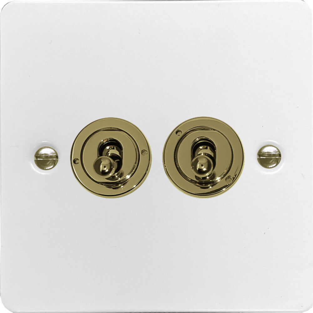 Flat White 2 Gang Toggle (Polished Brass Toggle)