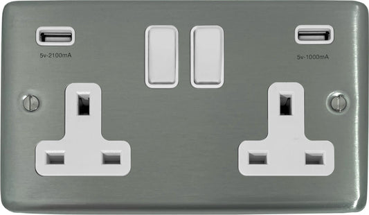 Contour Brushed Steel 2 Gang Socket + Usb