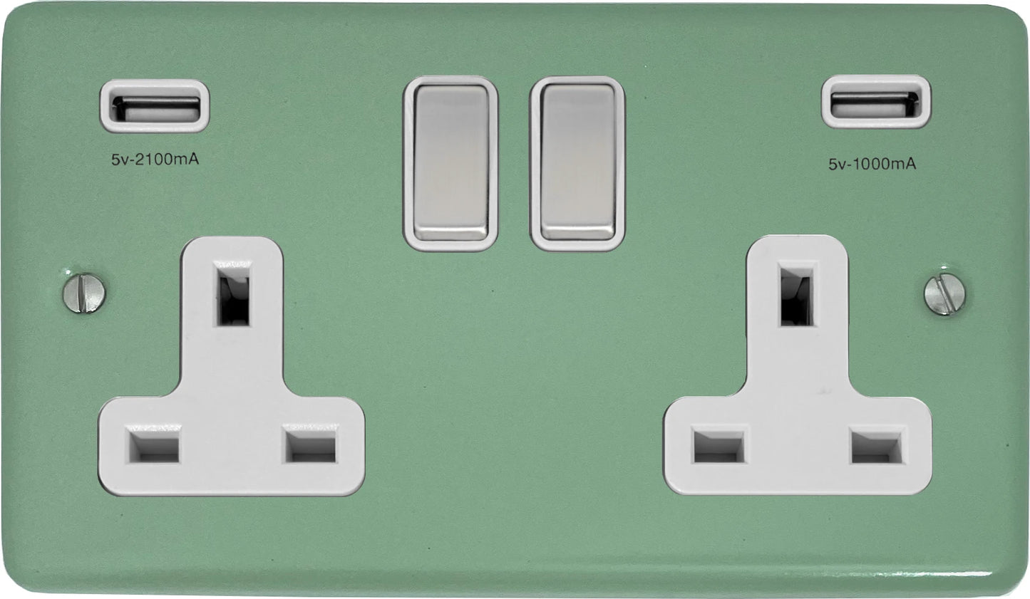 Classic Sage Green Classic 2 Gang Socket with USB (Satin Chrome Switch/White Insert)