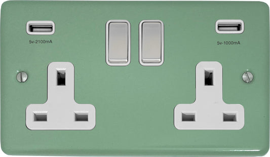 Classic Sage Green Classic 2 Gang Socket with USB (Satin Chrome Switch/White Insert)