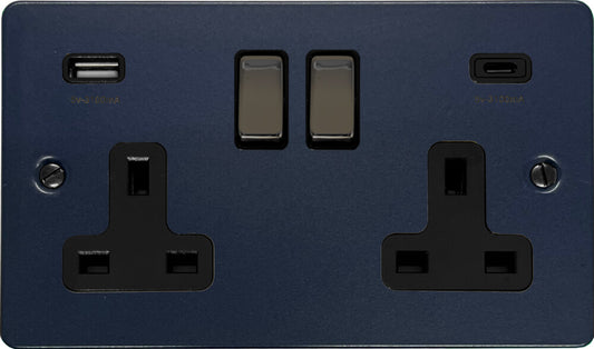Flat Blue 2 Gang Socket with USBC (Black Nickel Switch/Black Insert)