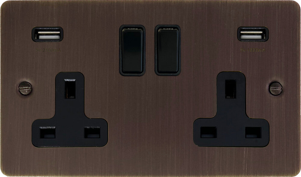 Flat Antique Copper  2 Gang Socket with USB