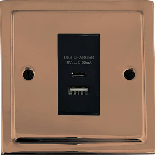 Victorian Polished Copper 1 Gang USB Type A + C