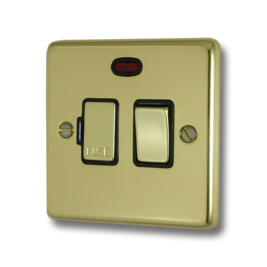 Contour Polished Brass Switched Fuse Spur with Neon (Black Insert/ Brass Switch)