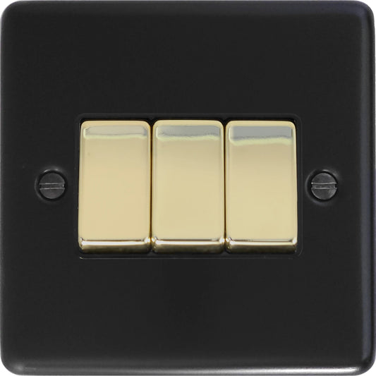 Contour Flat Black 3 Gang Switch (Brass Switches)