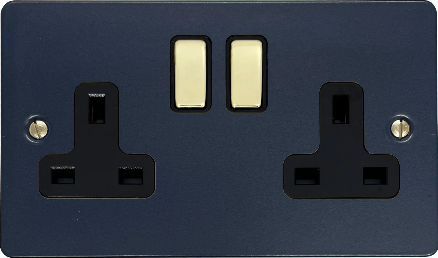 Flat Blue 2 Gang Socket (Polished Brass Switches/Black Inserts)