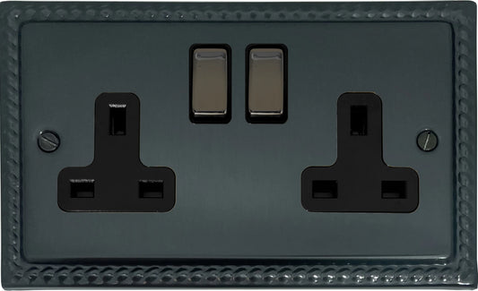 Georgian Black Bronze 2 Gang Socket (Black Nickel Switches) - Georgian range electrical socket