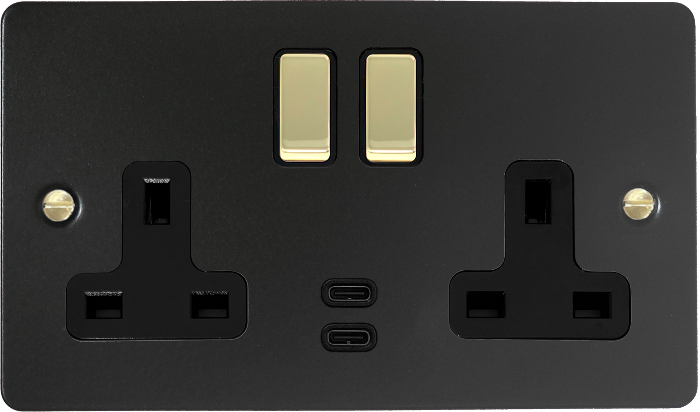 Flat Black 2 Gang USB C Socket (Brass Switches)