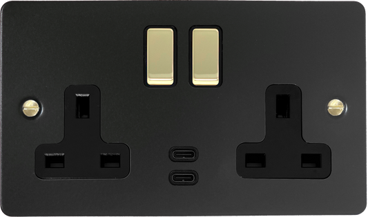 Flat Black 2 Gang USB C Socket (Brass Switches)