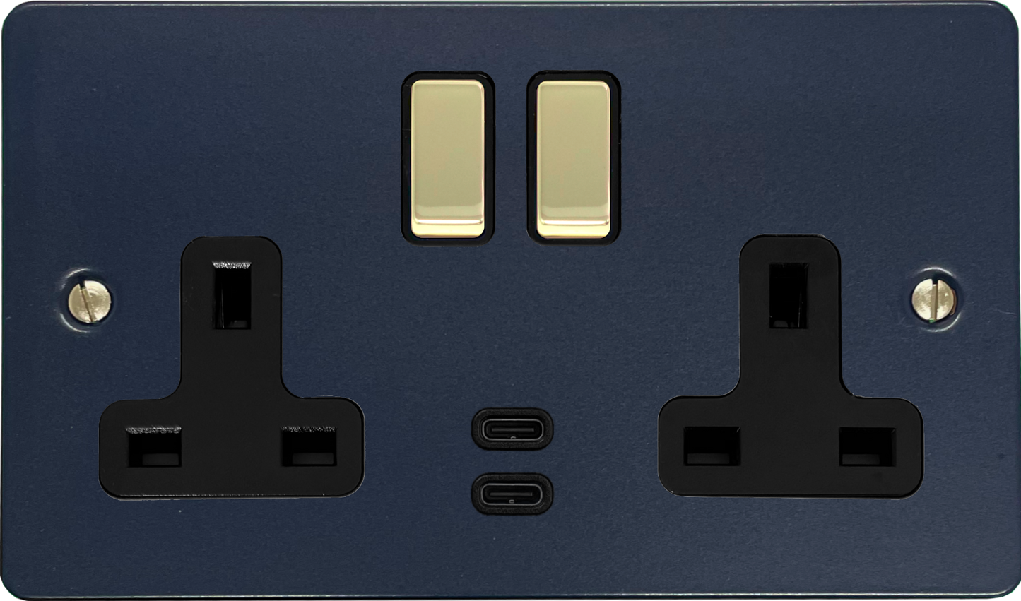 Flat Blue 2 Gang Socket with USBC (Polished Brass Switches/Black Inserts)