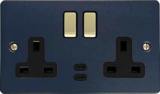 Flat Blue 2 Gang Socket with USBC (Polished Brass Switches/Black Inserts)