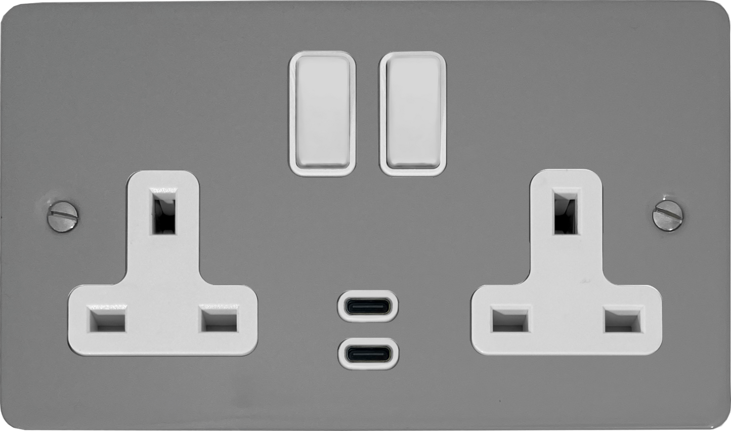 Flat Light Grey 2 Gang Socket C/W USBC Ports