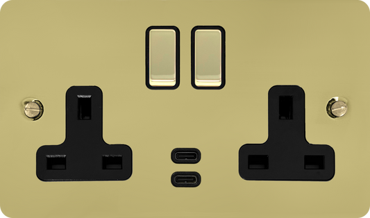 Flat Polished Brass 2 Gang Socket C/W USBC Ports