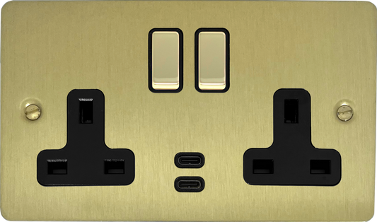 Flat Satin Brass 2 Gang Socket C/W USBC Ports