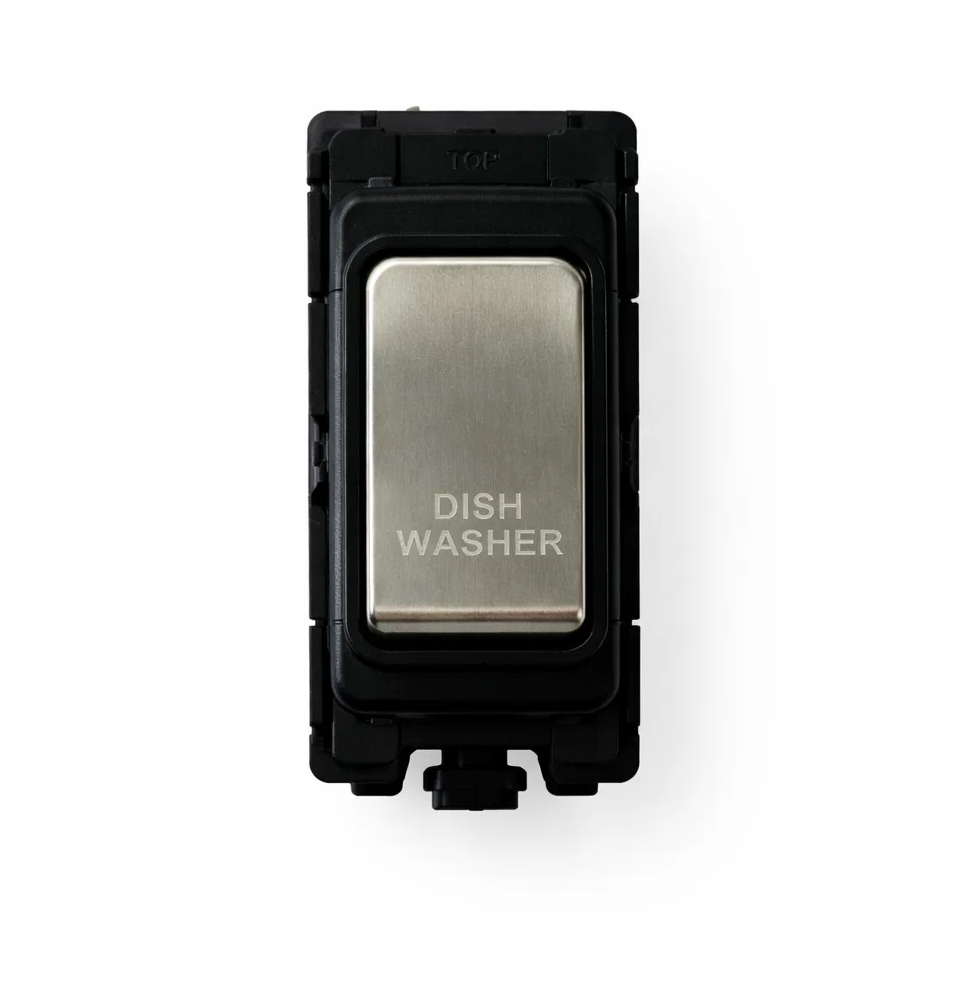20A DP Switch - Engraved - Dishwasher - Black and Satin Chrome Switch