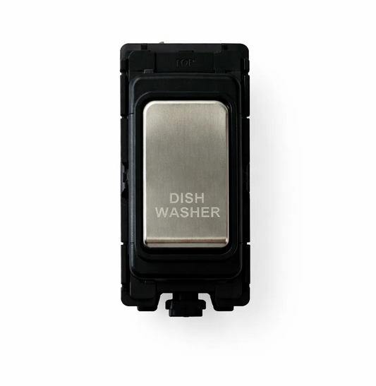 20A DP Switch - Engraved - Dishwasher - Black and Satin Chrome Switch