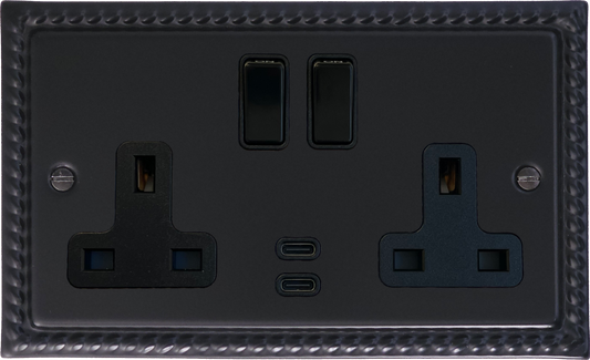 Georgian Flat Black  2 Gang Socket with USBC
