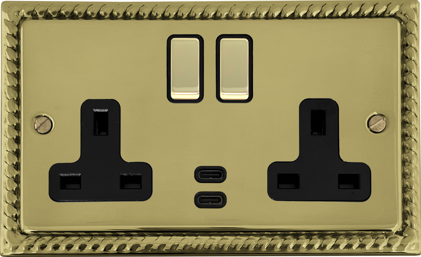 Georgian Polished Brass 2 Gang Socket C/W USBC Ports