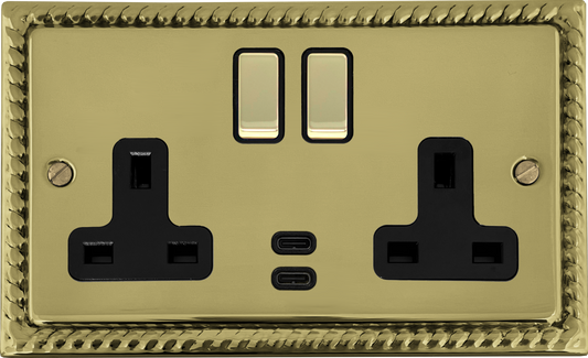 Georgian Polished Brass 2 Gang Socket C/W USBC Ports