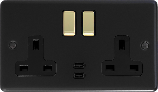 Contour Flat Black 2 Gang USBC Socket (Brass Switches)