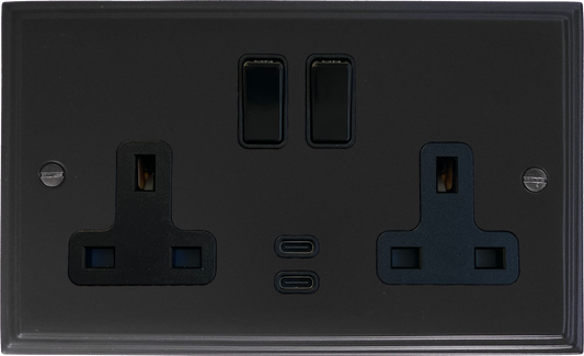 Victorian  Flat Black  2 Gang Socket with USBC